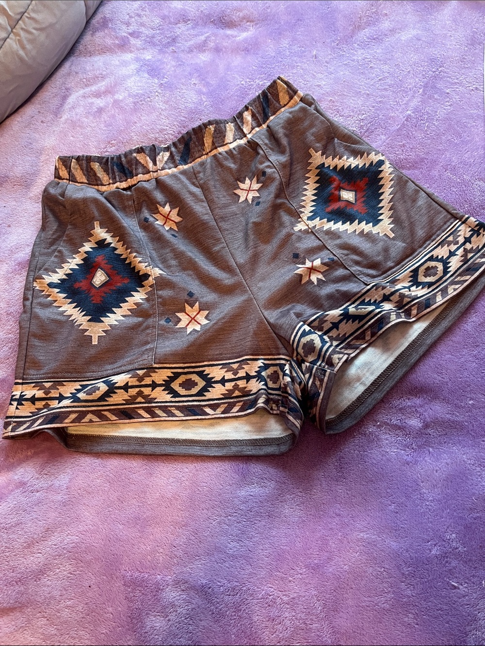 High-Waist Tribal Print Women’s Shorts in Gray with Blue & Red Accents